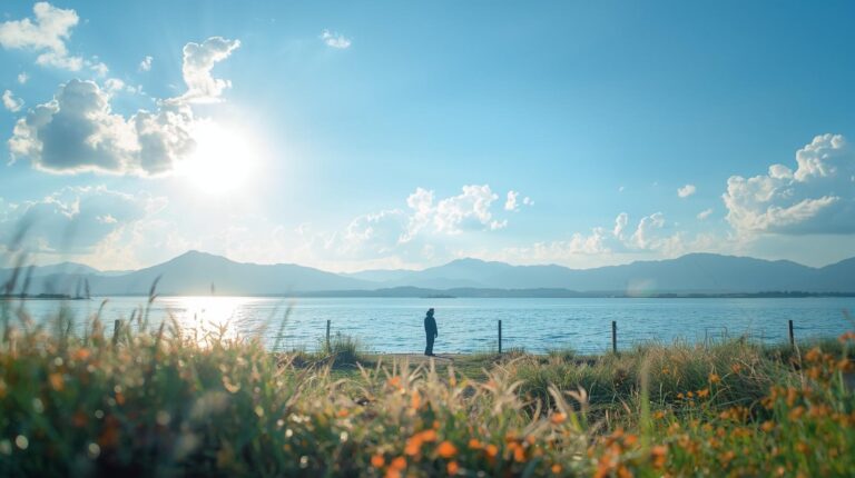 (清晨，在中国洱海湖边散步，背景是蓝天白云和阳光的植被。 疗愈身心的图片) 1920 x 1080px (1)